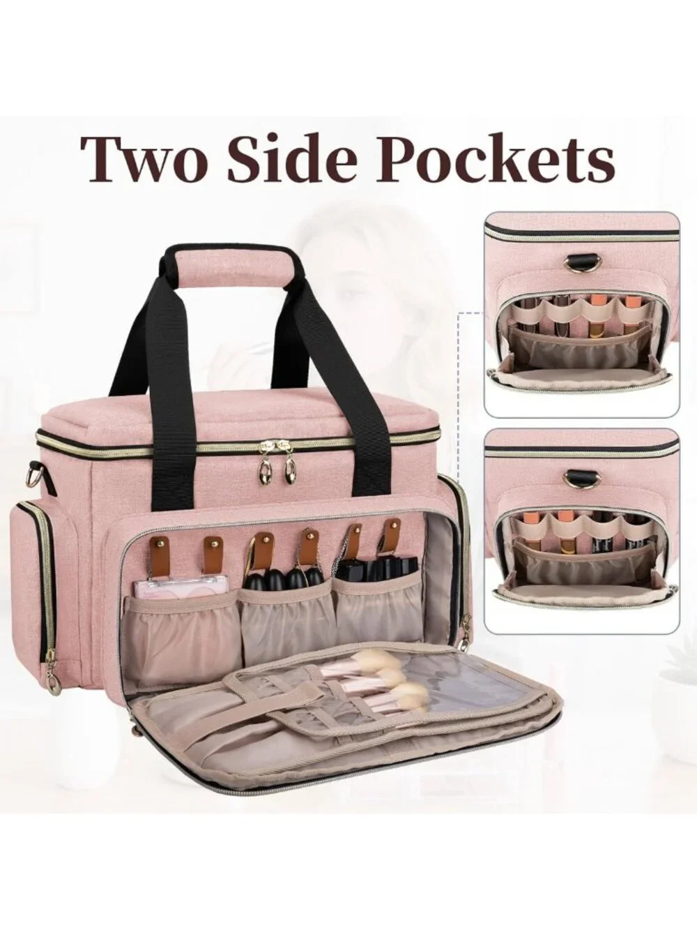 Large Portable Makeup Organizer Bag with Removable Pouches & Dividers - Pink